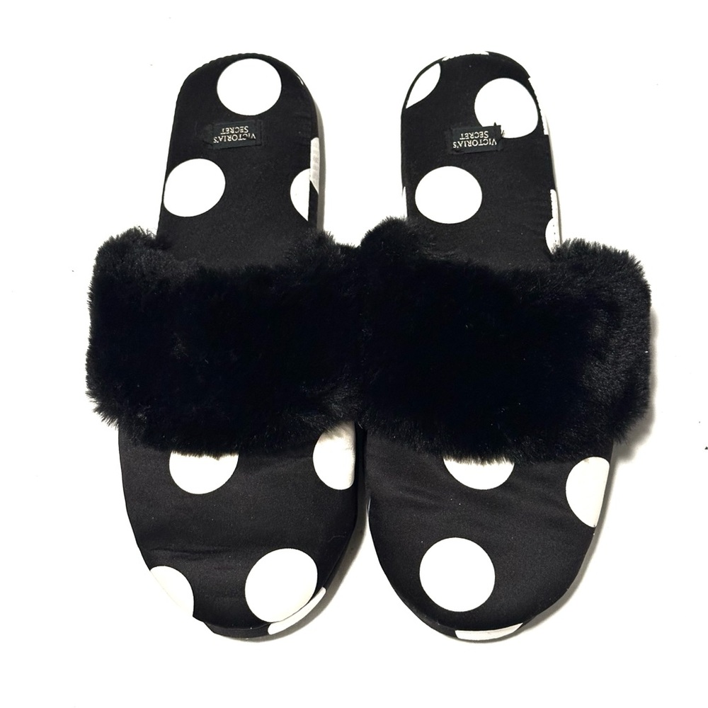 Victoria's Secret Black and White Polka Dot Faux Fur Slides
